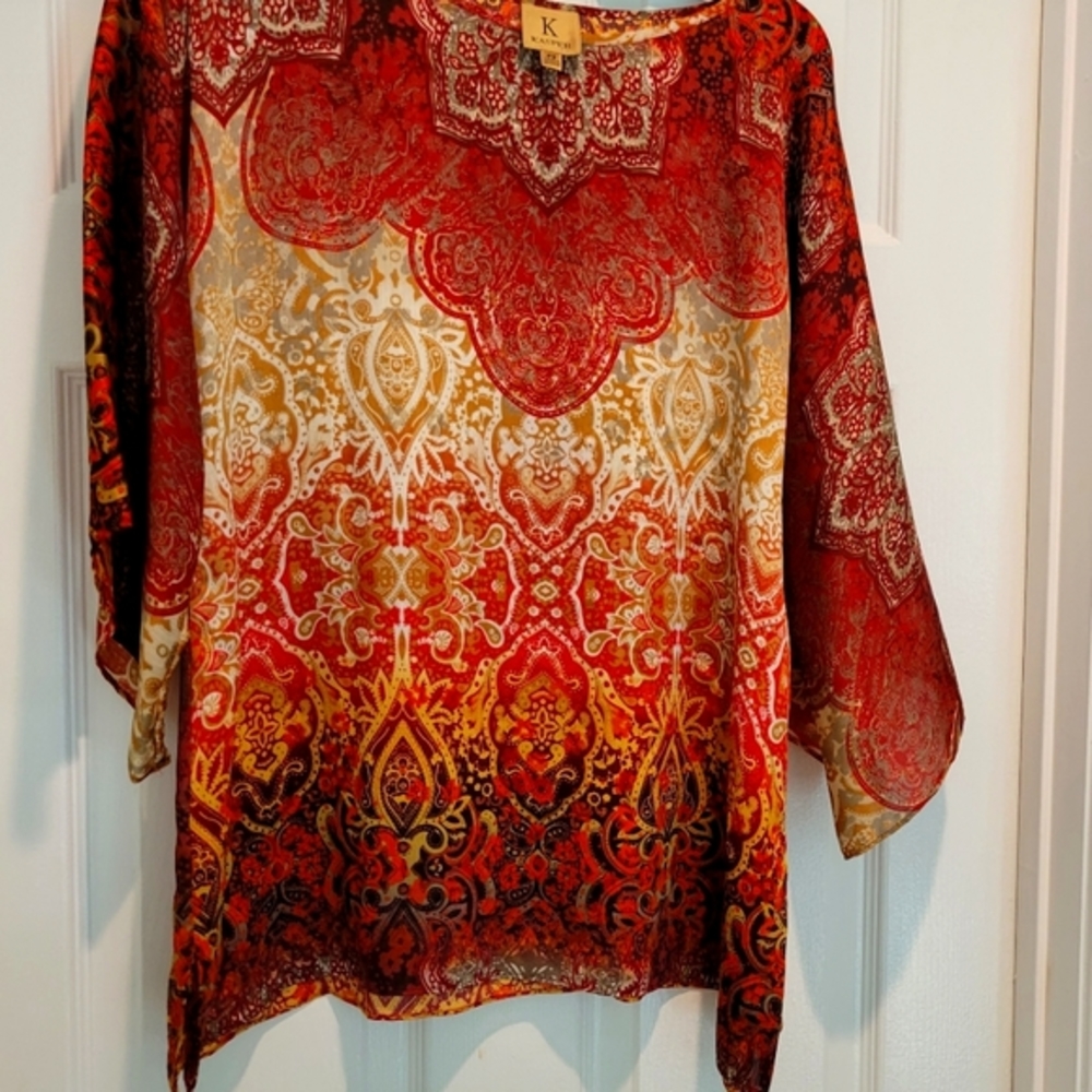 Kasper Women's Top Sz P/S orange multi, 3/4 lgth bell sleeves, side slits